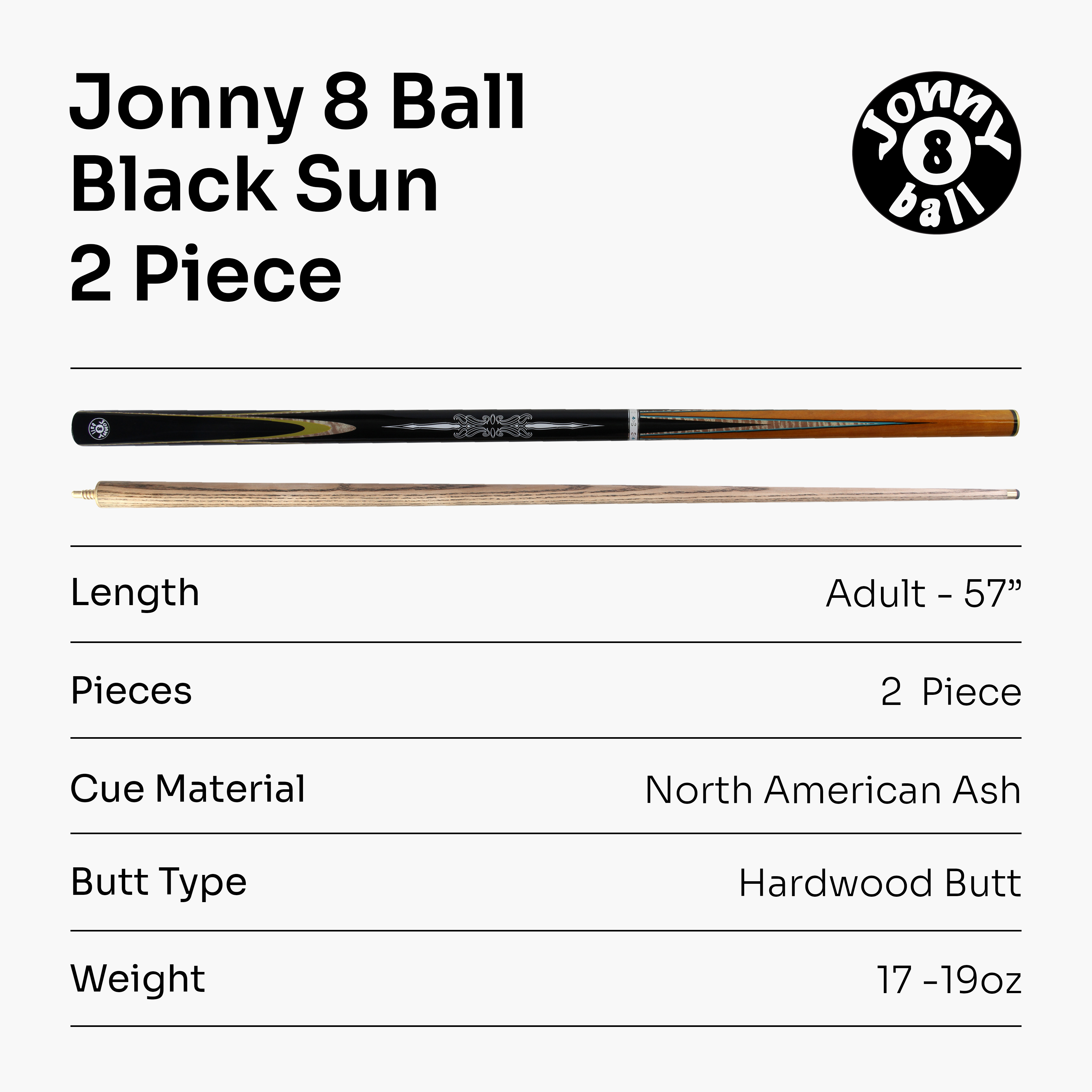 Jonny 8 Ball Black Sun 57-inch 2-piece pool cue