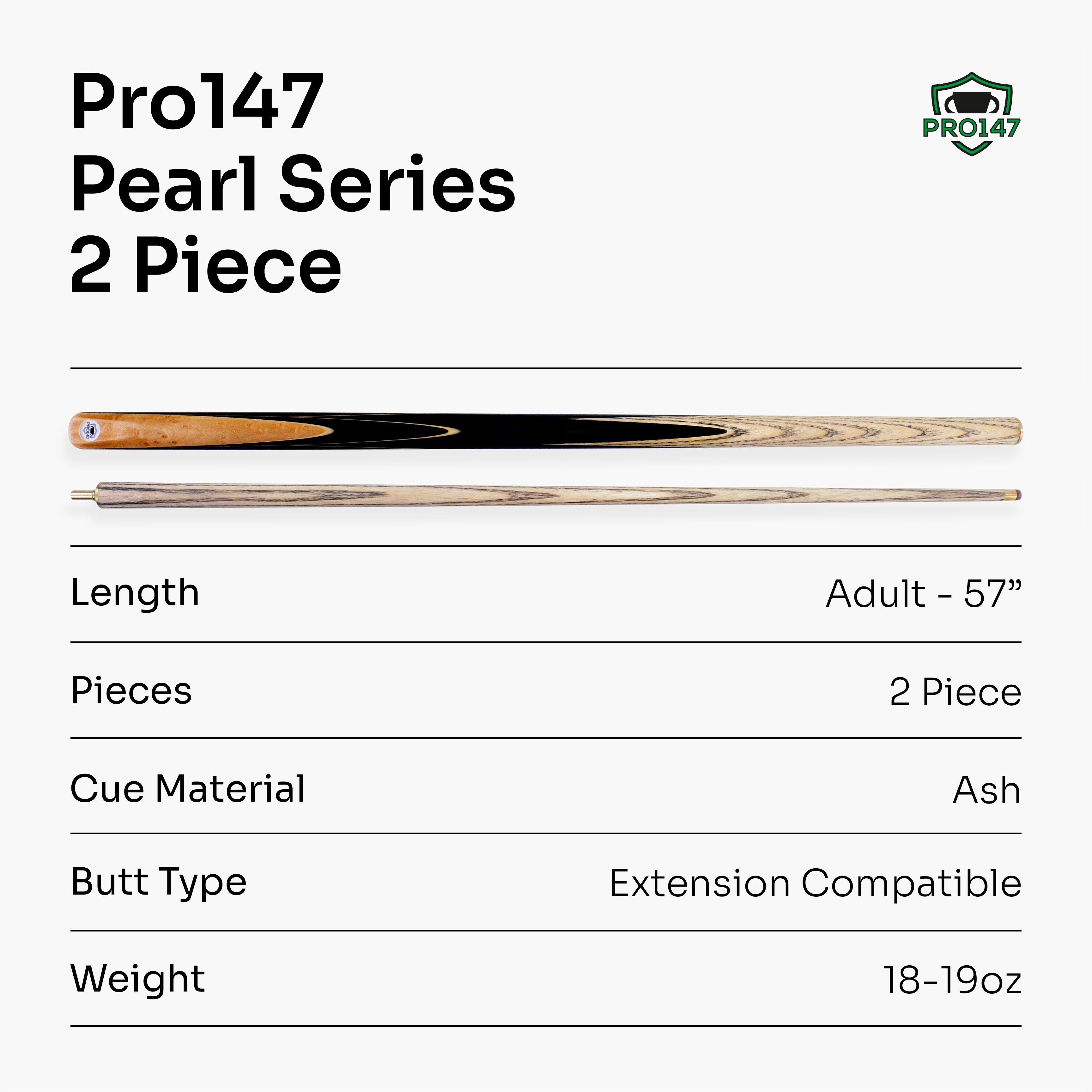 PRO147 Pearl Series Olive Hand Spliced 2 Piece 57 Inch Snooker Pool Cue with Smooth Premium Ash Shaft and Ebony Style Butt with 9.5mm Pro Leather Tip