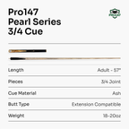 PRO147 Pearl Series White 57 Inch 3/4 Jointed Snooker Pool Cue 9.5mm Pro Leather Tip