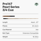 PRO147 Pearl Series Amboyna Burl 57 Inch 3/4 Jointed Snooker Pool Cue 9.5mm Pro Leather Tip