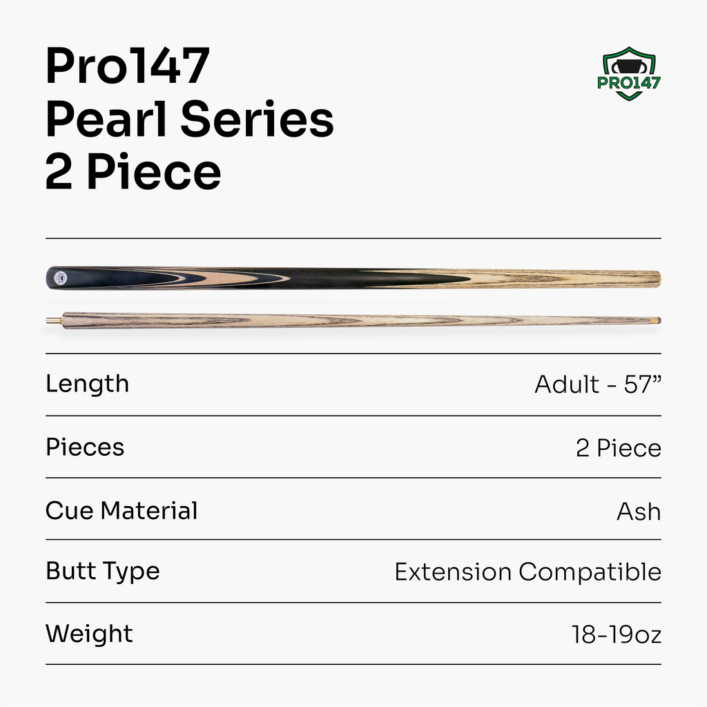 PRO147 Pearl Series Cream Hand Spliced 2 Piece 57 Inch Snooker Pool Cue with Smooth Premium Ash Shaft and Ebony Style Butt with 9.5mm Pro Leather Tip