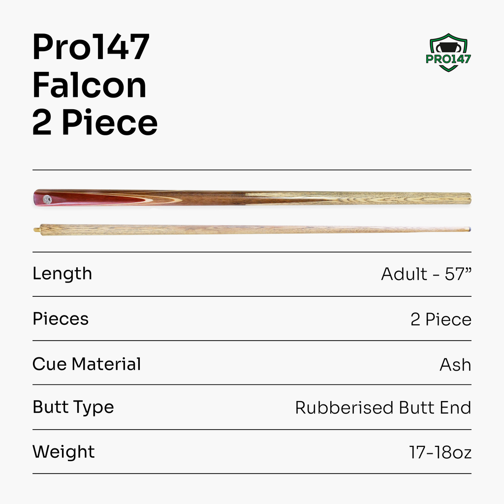PRO147 FALCON 2 Piece Centre Joint Traditional Matching Ash Snooker Pool Cue with Machine Spliced Butt and 9.5mm Tip