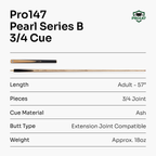 PRO147 Pearl Series Olive 57 Inch 3/4 Jointed Snooker Pool Cue 9.5mm Pro Leather Tip