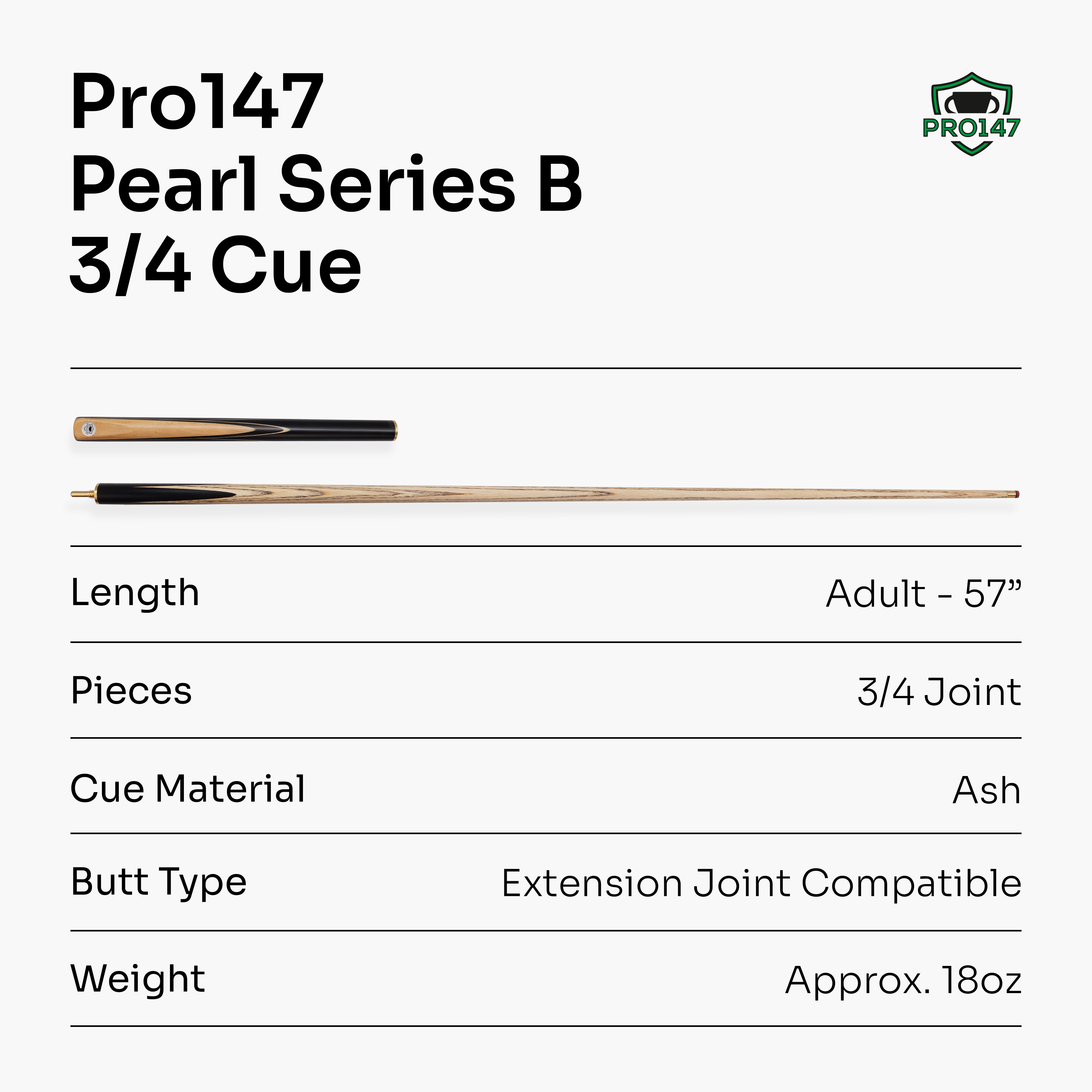 PRO147 Pearl Series Olive 57 Inch 3/4 Jointed Snooker Pool Cue 9.5mm Pro Leather Tip