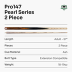 PRO147 Pearl Series Fire Hand Spliced 2 Piece 57 Inch Snooker Pool Cue with Smooth Premium Ash Shaft and Ebony Style Butt with 9.5mm Pro Leather Tip