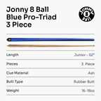 Jonny 8 Ball Blue Pro-Triad 52-inch 3-piece pool cue