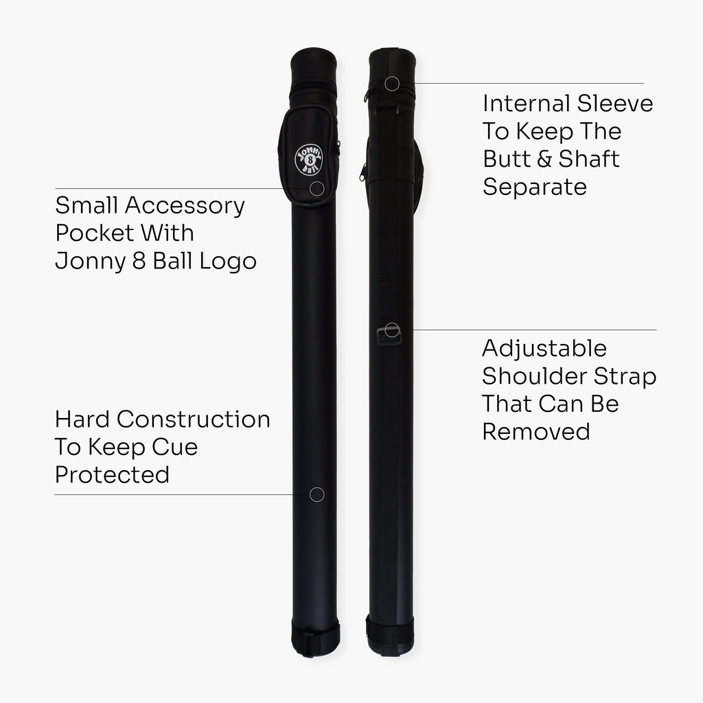 Jonny 8 Ball Black Tubular Cue Case + Shoulder Strap - Holds 2pc Snooker or Pool Cue