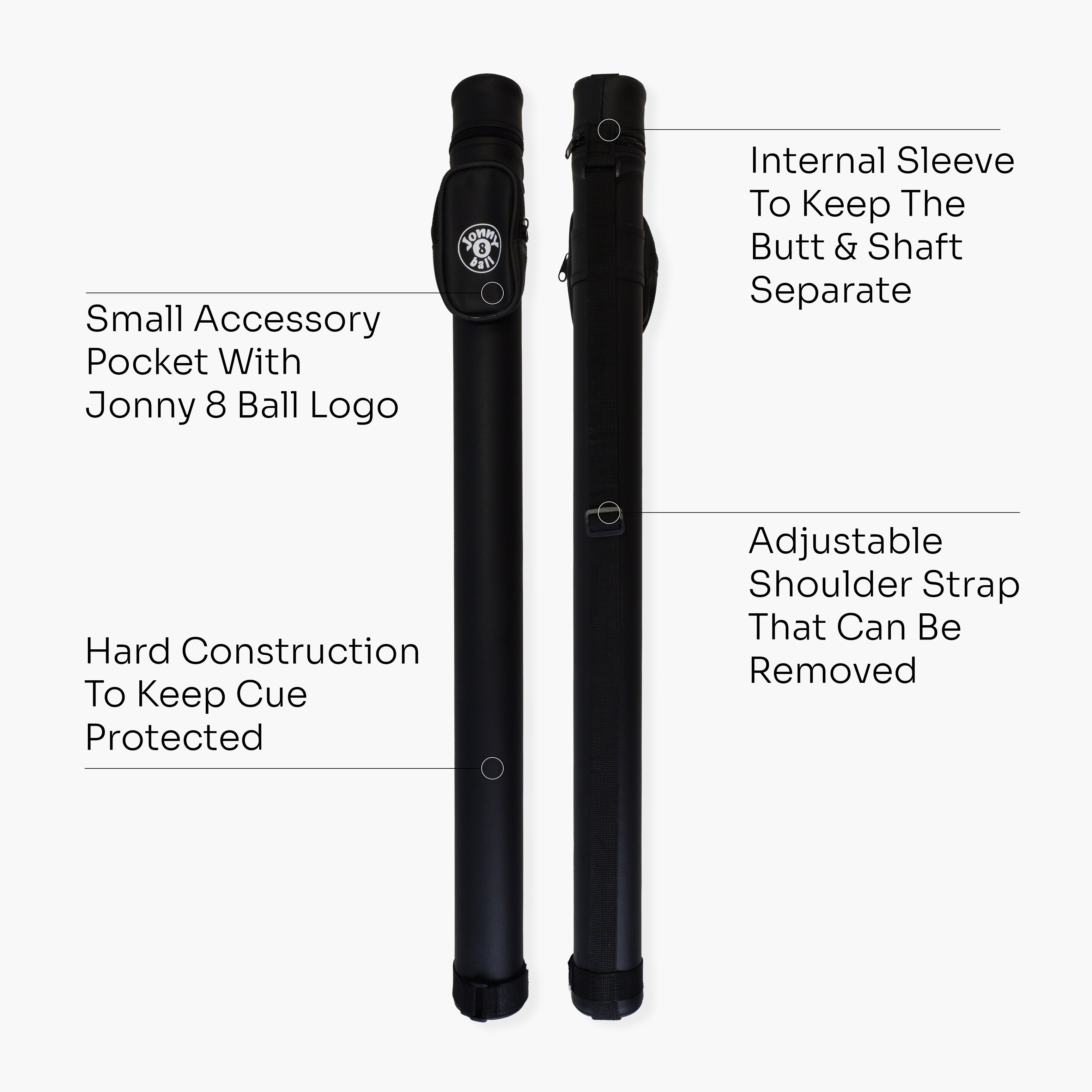 Jonny 8 Ball Black Tubular Cue Case + Shoulder Strap - Holds 2pc Snooker or Pool Cue