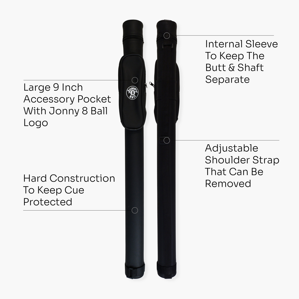Jonny 8 Ball Black Tubular Cue Case + Shoulder Strap - Holds 2pc Snooker or Pool Cue
