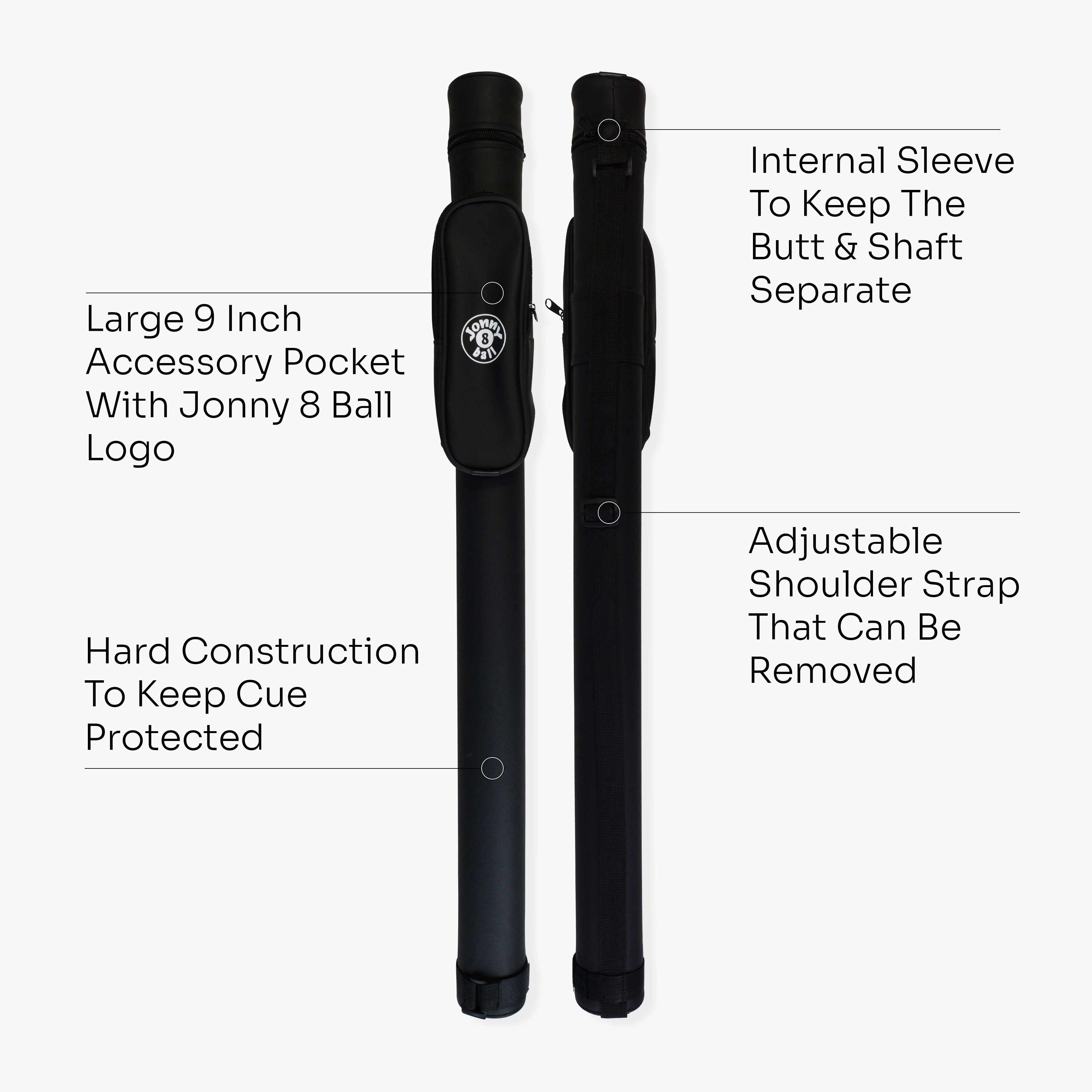 Jonny 8 Ball Black Tubular Cue Case + Shoulder Strap - Holds 2pc Snooker or Pool Cue