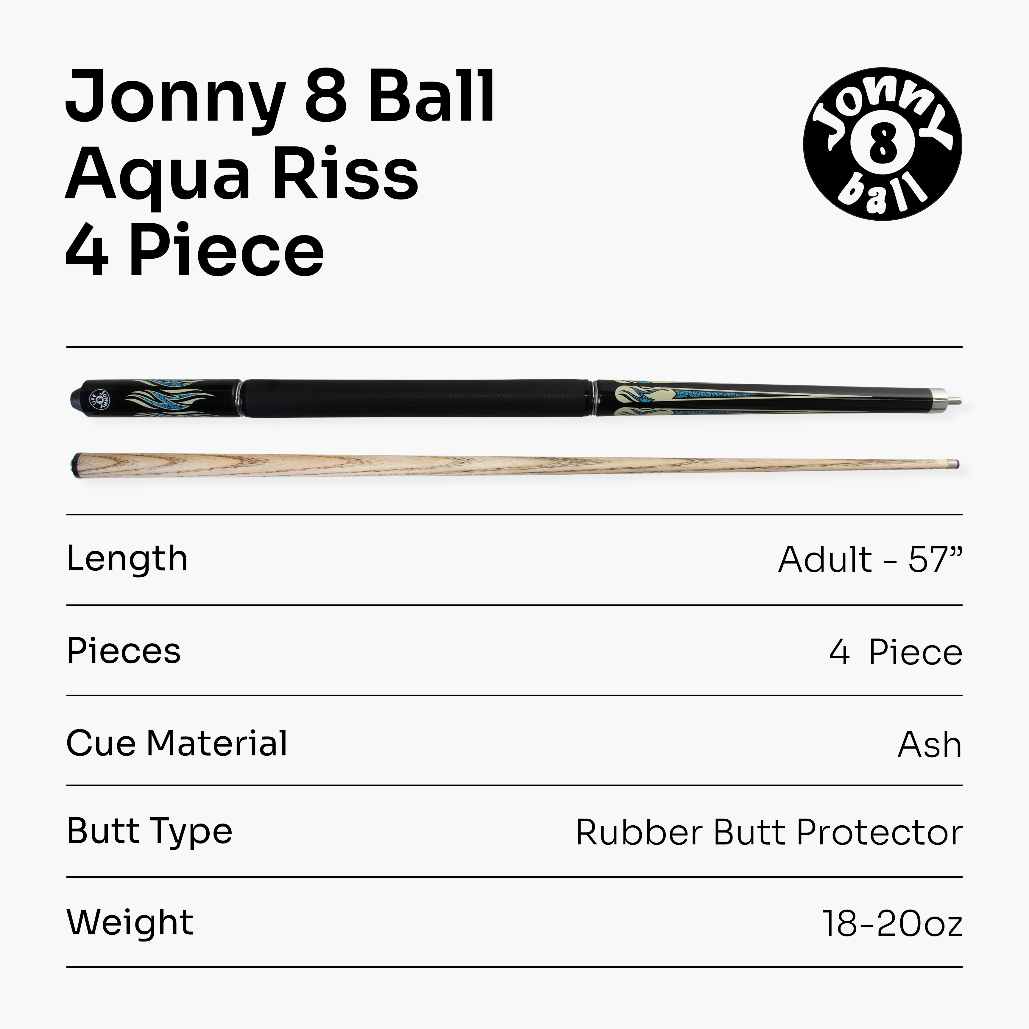 Jonny 8 Ball Aqua Riss 57-inch 2-piece pool cue