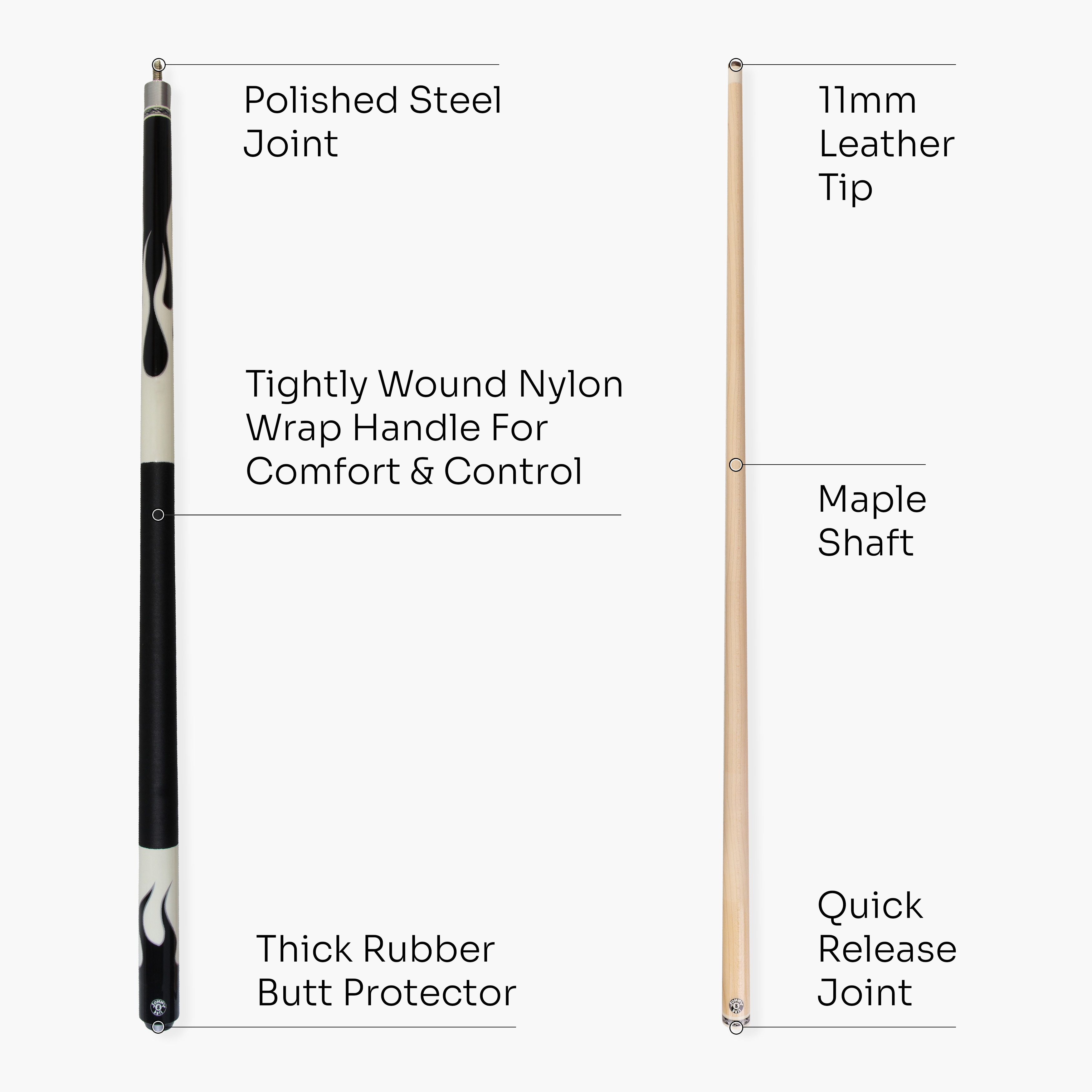 Jonny 8 Ball FLAME 58 Inch 2 Piece Snooker Pool Cue with Maple Shaft 11mm Tip