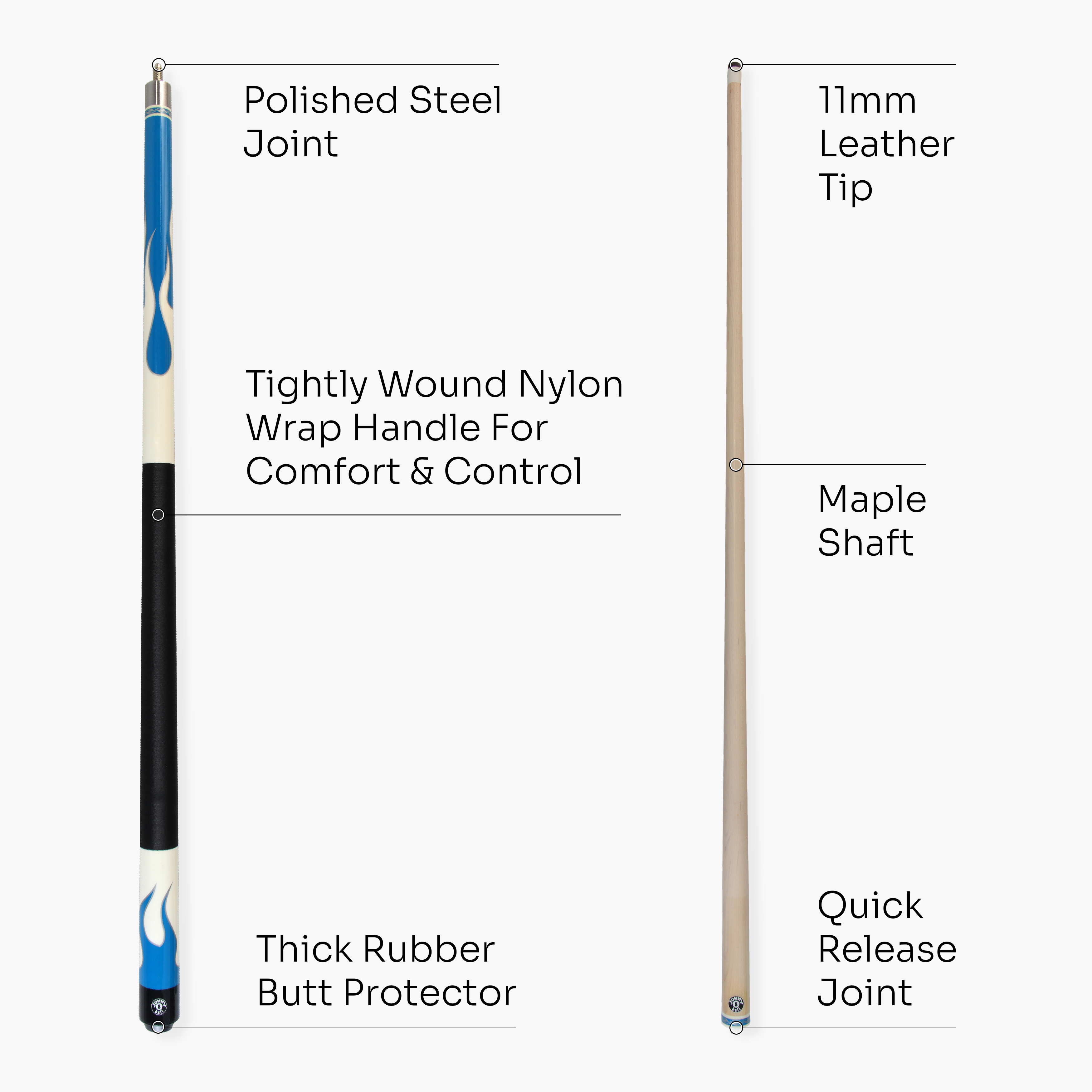 Jonny 8 Ball FLAME 58 Inch 2 Piece Snooker Pool Cue with Maple Shaft 11mm Tip