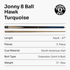 Jonny 8 Ball HAWK 3 Section Rapid Shorten English Pool Cue – 8mm Tip - 55 & 57" Length