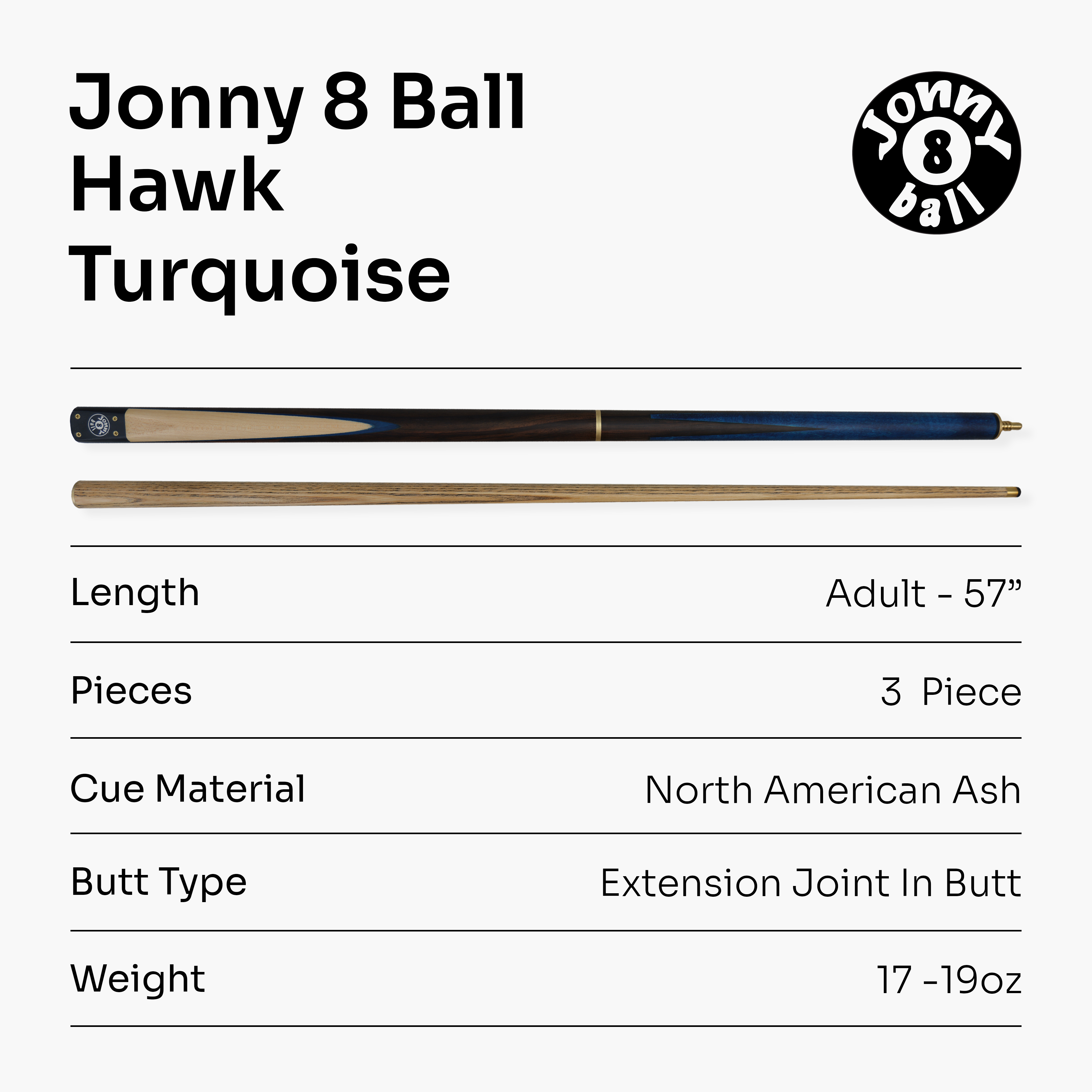 Jonny 8 Ball HAWK 3 Section Rapid Shorten English Pool Cue – 8mm Tip - 55 & 57" Length