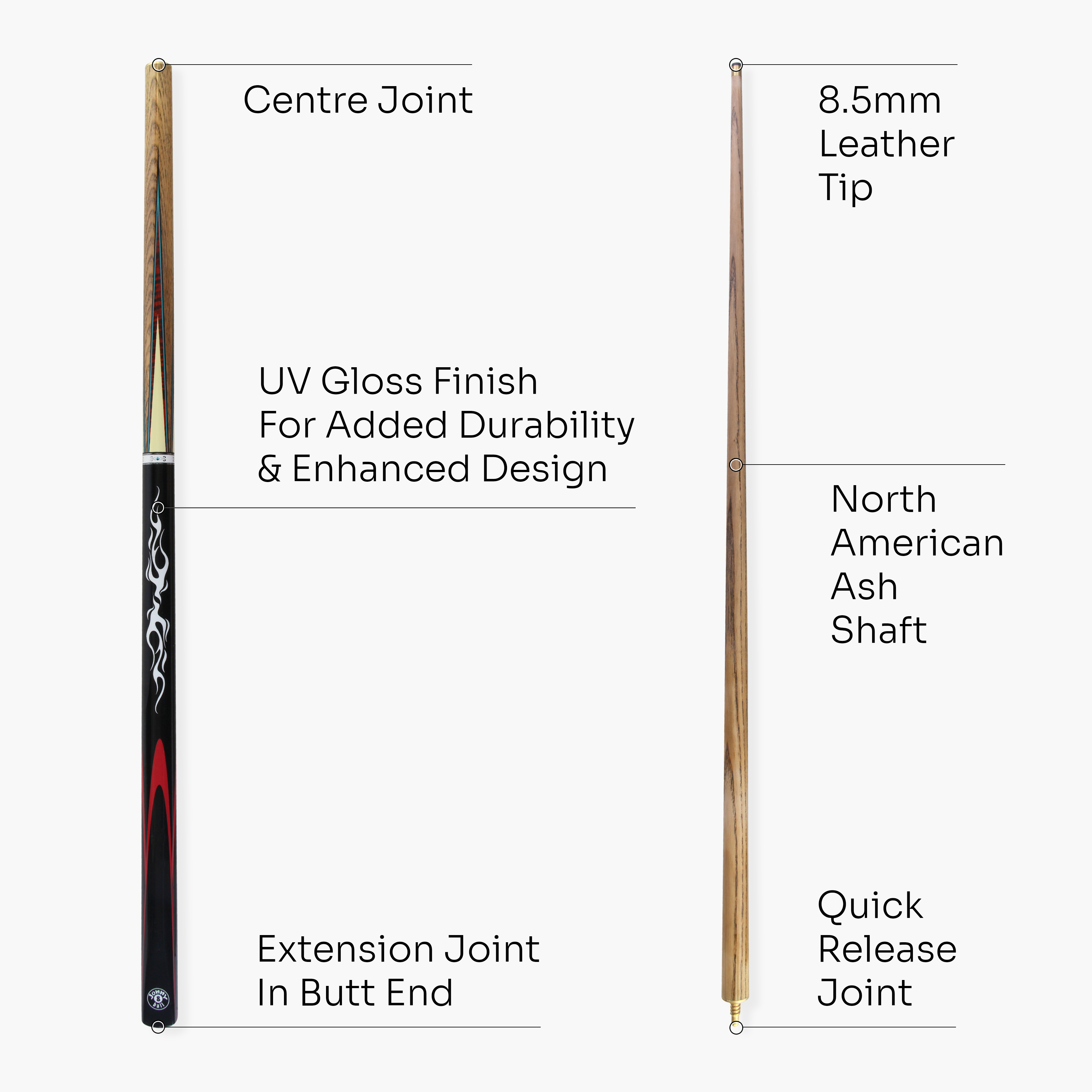 Jonny 8 Ball SILVER SMOKE 57 Inch 2 Piece Centre Joint Ash English Pool Cue with 8.5mm Tip