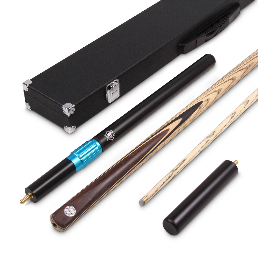 PRO147 CLASSIC WALNUT MAPLE P4/E 57 Inch Snooker Pool Cue Set 2pc Centre Joint Non-matching Ash Cue with PRO147 Long Telescopic Extension, Mini Butt and 3 Slot Case - 9.5mm Tip