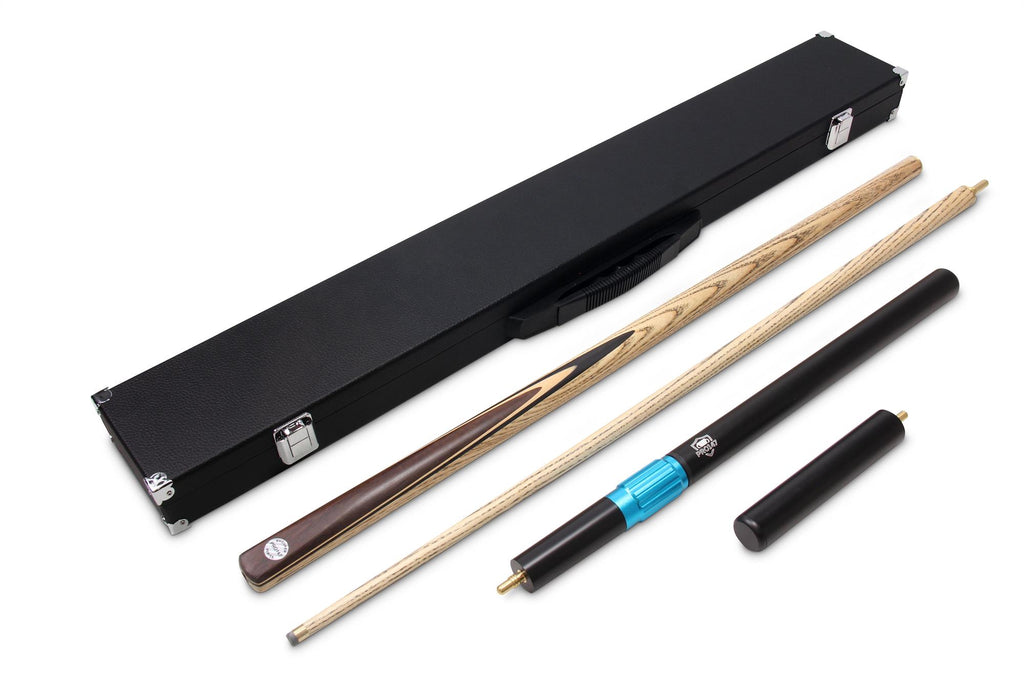 PRO147 CLASSIC WALNUT MAPLE P4/E 57 Inch Snooker Pool Cue Set 2pc Centre Joint Non-matching Ash Cue with PRO147 Long Telescopic Extension, Mini Butt and 3 Slot Case - 9.5mm Tip